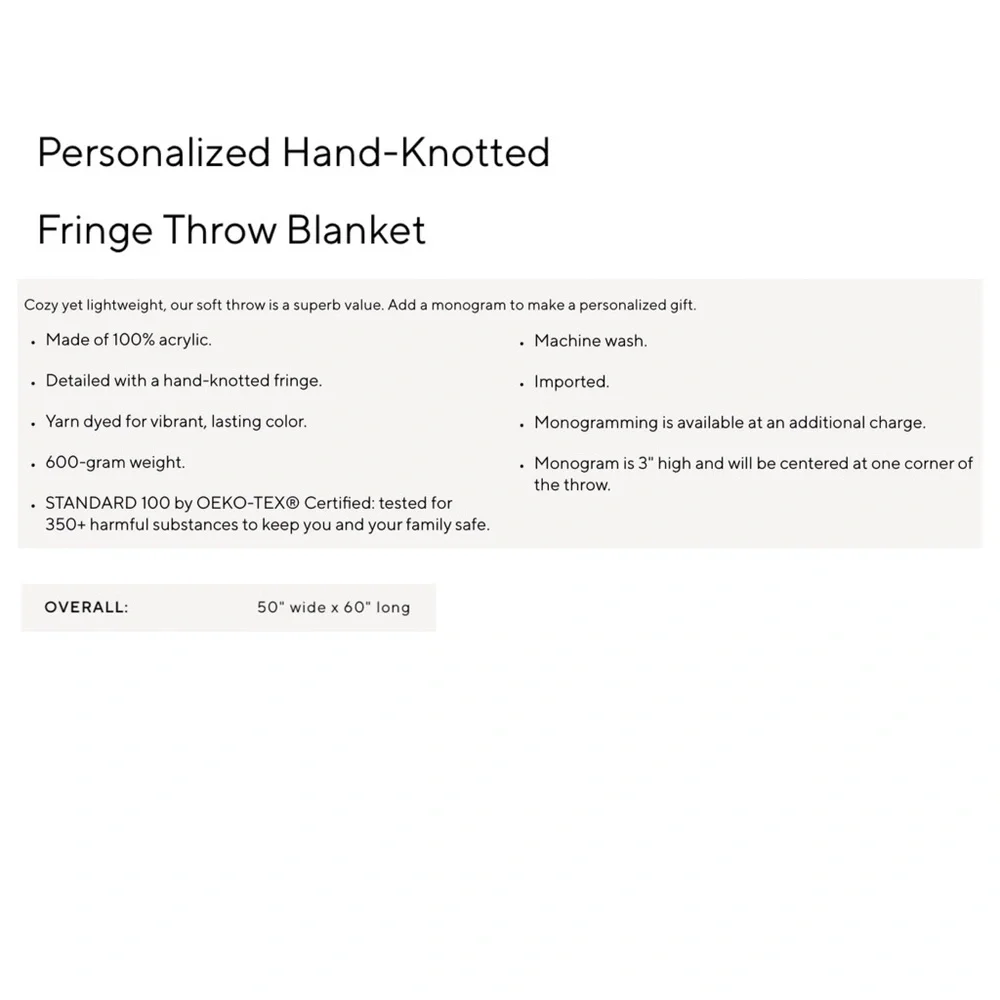 Pottery Barn Hand-Knotted Fringe Throw Blanket
